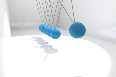 Showing close-up Newton's cradle hanging blue spheres on wires in white space casting long shadows. Minimalist, technology, innovation, science, abstract, design, digital