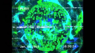 Zaman damgası 16: 30: 22 'de başlıyor. Yeşil küreyi çalıştırıyorum. Arıza sırasında dönüyor ve nabız atıyor. Fütürist, dijital, soyut, neon, arıza, sinematik, teknoloji