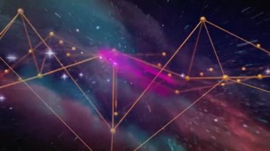 Yıldızların üzerinde ortaya çıkan altın ağ, yükselen mor bulut, titreşen ve kozmik ağ oluşturan düğümler. Soyut, kozmik, fütürist, dijital, teknoloji, görselleştirme, yenilikçi
