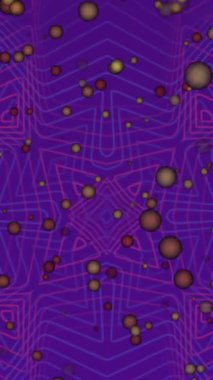 Animation of yellow spots of light over kaleidoscopic patterns against purple background. Global networking and business technology concept