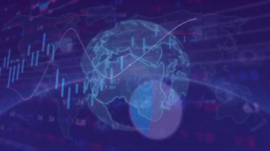 Başlangıçta holografik küresel eğilimleri görselleştirmek için yükselen ve çizgi grafiği süpüren çubuklar var. Futuristik, dijital, veri görselleştirme, sanal arayüz, analitik, teknoloji, küresel