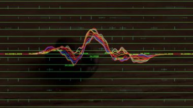 Operatör parmak, veri incelemesi için dalga tepelerini izlediğinde el şeffaf ekranda beliriyor. Dijital, arayüz, analitik, görselleştirme, modern, teknoloji, kesinlik