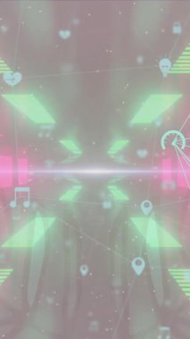 Neon ışıklarıyla uzay üzerindeki simgelerin ve bağlantıların animasyonu. ağ, bağlantılar ve teknoloji konsepti dijital olarak oluşturulmuş video.