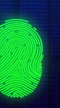 Veri işleme üzerinde parmak izi animasyonu. Küresel iş ve dijital arayüz kavramı dijital olarak oluşturulmuş video.