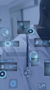 Çeşitli doktorların konuştuğu veri işleme animasyonu. Küresel tıp ve dijital arayüz kavramı dijital olarak oluşturulmuş video.