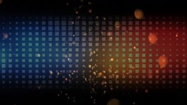 Parlayan kehribar parçacıkları merkezde cisimleşiyor ve yükseliyor, gök mavisi kırmızı gradyan ızgarasında duş oluşturuyor. Soyutlama, dinamik, aydınlatma, dijital, fütüristik, hareket, enerji