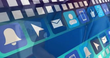 Tıbbi klinisyen ayakta dikilirken şeffaf simge şeridi kayıyor ve hasta verilerini açığa çıkarıyor. Sağlık, teletıp, dijital sağlık, profesyonel, teknoloji, işbirliği, yenilik