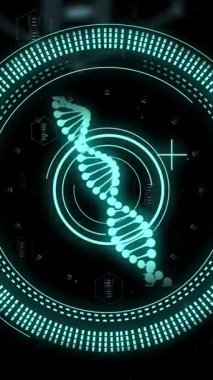 Siyah arkaplan üzerinde DNA ipliği ve dijital veri işleme animasyonu. Küresel bilim, bağlantılar, hesaplama ve veri işleme kavramı dijital olarak oluşturulmuş video.