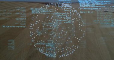 Sırayla dijital küreyi başlat, alanın üzerinde şekillendir, Python kodunu ortaya çıkarmak için döndür. Teknoloji, yenilik, veri, görselleştirme, fütürizm, dijital, soyut