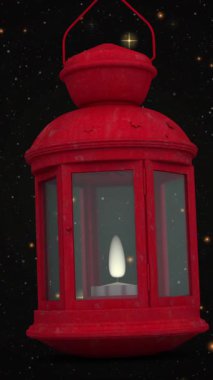 Yıldızların üzerinde kırmızı fener animasyonu. Parti, kutlama ve dijital arayüz kavramı dijital olarak oluşturuldu.