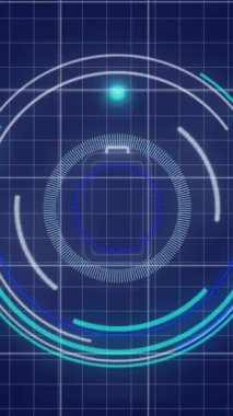 Animation of blue lines, scope scanning and data processing over grid. Global business, finances, computing and data processing concept digitally generated video.