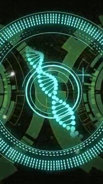 DNA ipliği ve dijital arayüz, bilimsel veri işleme animasyonu. Biyoteknoloji, genetik, moleküler, biyoenformatik, teknoloji, araştırma