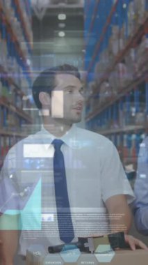 Depoda tartışan çeşitli iş arkadaşlarının grafiklerinin ve ticaret kurulunun animasyonu. Dijital bileşik, çoklu pozlama, rapor, iş dünyası, borsa, takım çalışması ve dağıtım kavramı.