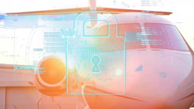 Güneş ışığı özel jet teşhisi başlatılıyor, asma kilit animasyonu, kod taraması, durum fonksiyonu. Otomasyon, siber güvenlik, havacılık, teknoloji, güvenlik, dijital, yenilik