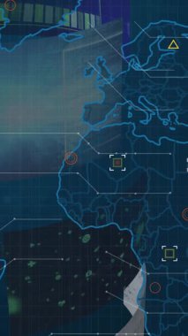 Mavi arkaplanda dönen veri işleme ekranları üzerinde dünya haritasının animasyonu. Küresel ağ ve iş veri teknolojisi kavramı