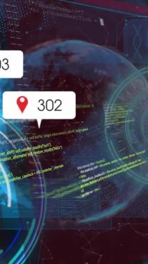 Sosyal medya simgelerinin animasyonu, dönen küreye karşı yuvarlak tarayıcılar ve veri işleme. Sosyal medya ağı ve iş teknolojisi kavramı