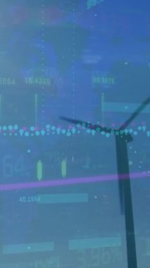 Rüzgar türbini ve beyaz erkek mühendis üzerindeki grafiklerin ve finansal verilerin animasyonu. Küresel teknoloji ve veri işleme kavramı dijital olarak oluşturulmuş video.