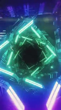 Siyah arka planda parlayan neon tünelin animasyonu. Renk, şekil, ışık ve hareket konsepti dijital olarak oluşturulmuş video.