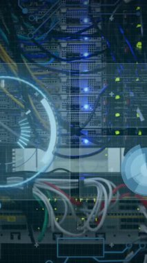 Animation of digital scope over server room. Global science, connections, data processing and digital interface concept digitally generated video.