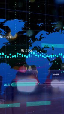 Pembe arka plandaki kıtalar üzerinde istatistiksel çizelgeler ve veri işleme animasyonları. Küresel finans, istatistik, hesaplama, teknoloji ve veri işleme kavramı dijital olarak oluşturuldu.