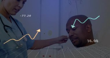 Hemşire çenesini kaldırıyor ve kulak sensörü takıyor. Hastanın izlemesini destekleyen hayati dalgalar gösteriyor. Sağlık, hasta bakımı, tıbbi teknoloji, teslimiyet, sağlık, klinik, teşhis