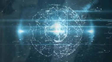 Dijital uzay oluşum ağı küresindeki çekirdek, yumuşama titreşimli düğümleri genişletiyor ve etiketliyor. Gelecek, teknoloji, dijital, ağ, holografik, soyut, bağlantı