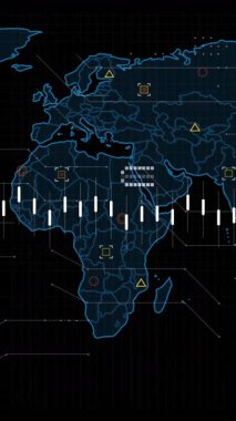 Dünya haritası üzerinde veri işleme animasyonu. Küresel dijital arayüz, veri işleme ve bağlantılar konsepti dijital olarak oluşturulmuş video.