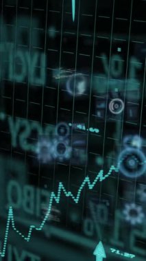 Dijital finansal veriler ve grafikler şebeke arka planında animasyon işliyor. Finans, veri analizi, teknoloji, ekonomi, analitik, yatırım
