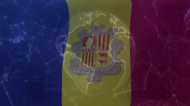 Andorran bayrak dalgalanan ağı, ortaya çıkan dönen dönen dönen dönen ağda kayboluyor. Vatansever, teknoloji, dijital, yenilik, bağlantı, uluslararası, fütüristik