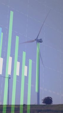 Manzarada rüzgar türbinleri ve finansal veri işleme animasyon örtüsü. Yenilenebilir, enerji, sürdürülebilirlik, çevre, temiz, teknoloji
