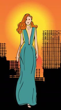 Manken çiziminin turuncu arka planda, siistasyon üzerinde animasyonu. moda tasarımı, moda gösterisi ve giyim konsepti dijital animasyon.