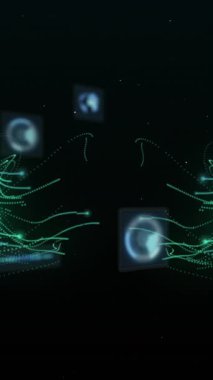 Animation of connections, scopes and data processing on dark background. Global computing, connections, communication and data processing concept digitally generated video.