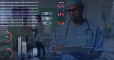 Boş incelemeden sonra tableti tıkırdatma, tıbbi analiz, bar çizelgeleri, dünya haritası yükleme. Tıbbi, teknoloji, analitik, sağlık, veri, yenilik, dijital