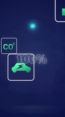 Koyu mavi arkaplan üzerinde sürdürülebilirlik simgeleri ve ilerleme çubuğu animasyonu. Çevre dostu, büyüme, teknoloji, dijital, çevre, yenilik