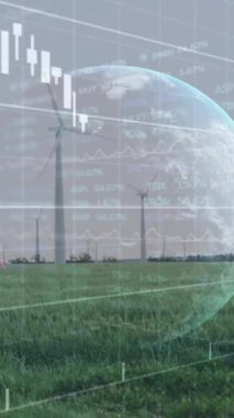 Küresel ve rüzgar türbinlerinde finansal veri işleme animasyonu. Küresel rüzgar enerjisi, iş, bağlantılar, hesaplama ve veri işleme kavramı dijital olarak oluşturulmuş video.