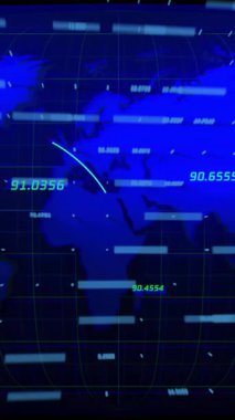 Küresel haritadaki veri noktaları ve çizgilerle dijital bağlantı animasyonu. Ağ, teknoloji, iletişim, geleceksel