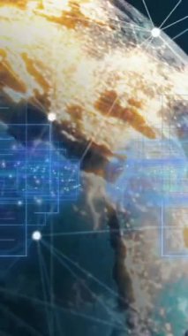 Soyut arkaplan üzerinde dikdörtgenlerin, sayıların ve bağlı simgelerin animasyonu. Dijital olarak üretilen hologram, illüstrasyon, şekil, iletişim ve küreselleşme kavramı.