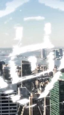 Animation of shield padlock and moving digital lines and dots connections over modern cityscape. Hologram, digitally generated, multiple exposure, cyber security, technology, building. Futuristic.