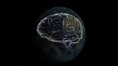 Yıldız alanında, beyaz beynin eksen etrafında döndüğünü Dünya 'nın üzerinde parlayan altın bölge. Nörobilim, uzay, evren, teknoloji, yenilik, görselleştirme, hayal gücü.