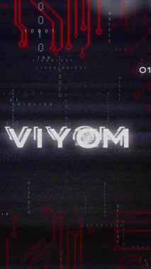 Kırmızı devre kartı ve VIRUS metin animasyonlu ikili kod. Teknoloji, siber güvenlik, kötü amaçlı yazılım, hacker, veri ihlali, dijital