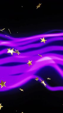 Siyah arka planda yüzen altın yıldızlı mor dalga animasyonu. Soyut, hareketli, parıltılı, parıltılı, kozmik, fantezi