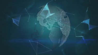 Parlayan çokgenler ortaya çıkıyor, çizgiler sürükleniyor, küresel ağı gösteren üç boyutlu bir küreye dönüşüyor. Gelecek, teknoloji, dijital, bağlantı, yenilik, küresel, soyut