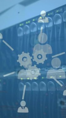 Bir bilgisayar sunucusuna yakın duran birden fazla dijital simge ve profil simgelerinin canlandırılması. Küresel ağ ve iş veri depolama teknolojisi kavramı