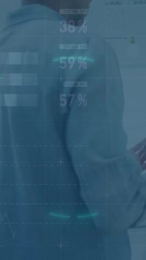 Animation of infographic interface and circles over diverse coworkers sharing ideas in office. Digital composite, multiple exposure, shape, global, report, business, teamwork and communication.