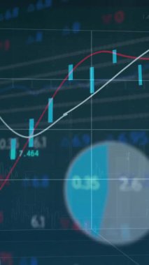 Animasyondaki pazar eğilimlerini gösteren finansal veriler, grafikler ve grafikler analiz ediliyor. Finans, analitik, iş dünyası, ekonomi, yatırım, görselleştirme