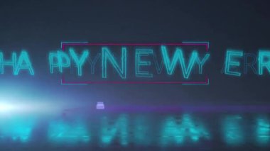 Mor alevler neon parçalarını parantez içine alarak Mutlu Yeni Yıl arızası oluşturuyor. Fütürist, dijital, enerjik, teknoloji, kutlama, yansıtıcı, dinamik