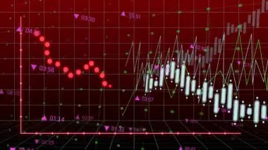 Beyaz mumlar piyasa analizi için dalgalanıyorken, 3 boyutlu ızgaradan inen kırmızı işaretleri başlat. Finansal, analitik, veri, teknoloji, görselleştirme, eğilim, grafik