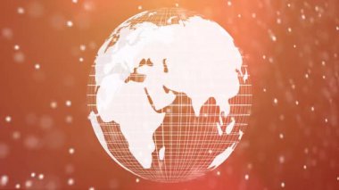 Başlangıçta, beyaz telli küre kıtaları ortaya çıkarmak için dönüyor, titreşimli çizgiler bağlantıyı gösteriyor. Küresel ağ, veri görselleştirme, dijital arayüz, teknoloji, fütüristik, soyut, minimalizm