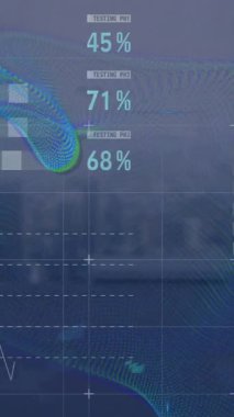 Veri işleme ve şehir manzarası istatistiklerinin animasyonu. Dijital olarak oluşturulmuş küresel bağlantılar, hesaplama ve veri işleme kavramı.