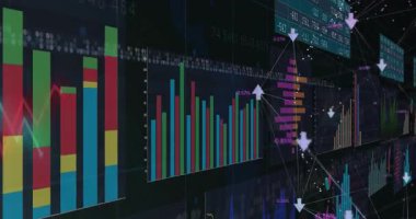 Gerçek zamanlı analiz için gösterge paneli, çubuklar, çizgiler, oklar ve paneller görünür. Analizler, görselleştirme, gösterge paneli, veri, teknoloji, ağ, performans